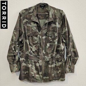 TORRID 2 Camo Army Zip Cinched Waist Rhinestone Jacket Anorak Plus Size 18/20 2X